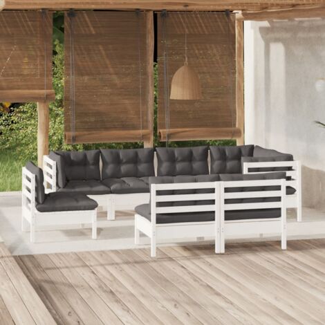Salon de jardin 8 pcs Ensemble Table et Chaise de Jardin - avec coussins Blanc Bois de pin massif BV181405 - BonneVie (1/5)