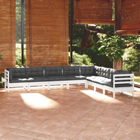 Salon de jardin 8 pcs Ensemble Table et Chaise de Jardin - avec coussins Blanc Bois de pin solide BV699993 - BonneVie (1/5)