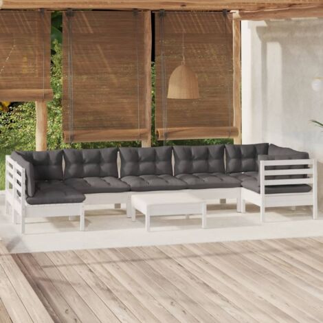 Salon de jardin 8 pcs Ensemble Table et Chaise de Jardin - avec coussins Blanc Bois de pin BV341336 - BonneVie (1/5)
