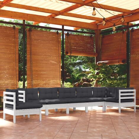 Salon de jardin 8 pcs Ensemble Table et Chaise de Jardin - avec coussins Blanc Bois de pin solide BV748248 - BonneVie (1/5)