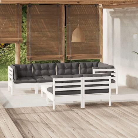 Salon de jardin 8 pcs Ensemble Table et Chaise de Jardin - avec coussins Blanc Bois de pin massif BV704141 - BonneVie (1/5)