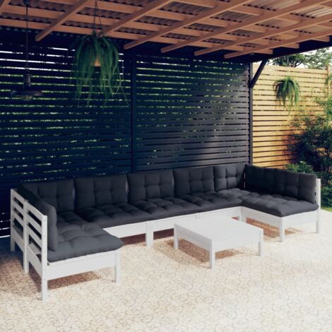 Salon de jardin 8 pcs Ensemble Table et Chaise de Jardin - avec coussins Blanc Bois de pin massif BV938357 - BonneVie (1/5)