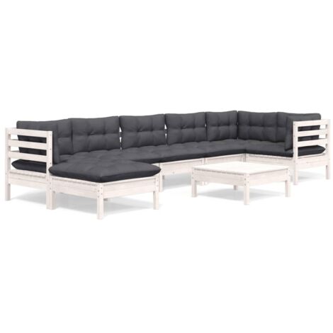 Salon de jardin 8 pcs Ensemble Table et Chaise de Jardin - avec coussins Blanc Bois de pin solide BV367764 - BonneVie (1/5)