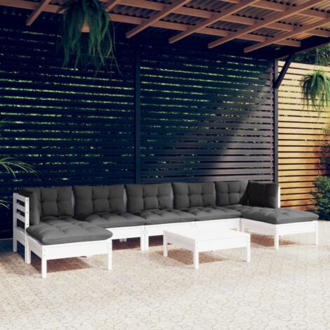Salon de jardin 8 pcs Ensemble Table et Chaise de Jardin - avec coussins Blanc Bois de pin BV682350 - BonneVie (1/5)