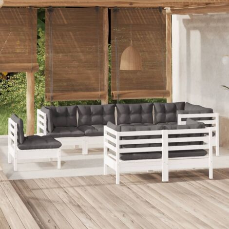 Salon de jardin 8 pcs Ensemble Table et Chaise de Jardin - avec coussins Blanc Bois de pin massif BV273246 - BonneVie (1/5)
