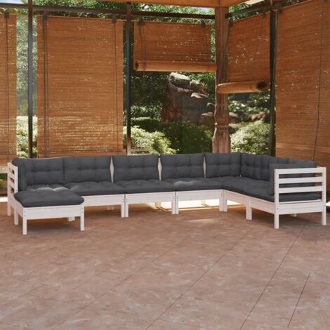 Salon de jardin 8 pcs Ensemble Table et Chaise de Jardin - avec coussins Blanc Bois de pin solide BV364505 - BonneVie (1/5)