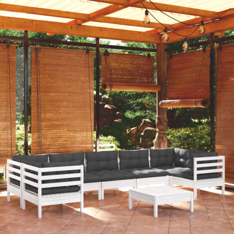 Salon de jardin 8 pcs Ensemble Table et Chaise de Jardin - avec coussins Blanc Bois de pin BV839072 - BonneVie (1/5)