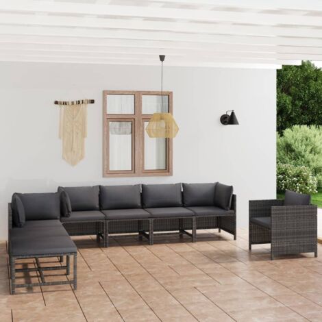 Salon de jardin 8 pcs Ensemble Table et Chaise de Jardin - avec coussins Résine tressée Gris BV473594 - BonneVie (1/5)