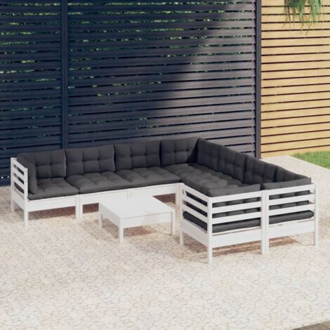 Salon de jardin 9 pcs Ensemble Table et Chaise de Jardin - avec coussins Blanc Bois de pin BV512864 - BonneVie (1/5)