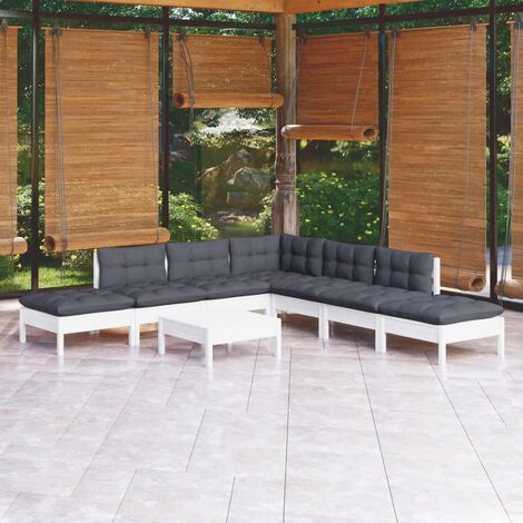 Salon de jardin 8 pcs Ensemble Table et Chaise de Jardin - avec coussins Blanc Bois de pin BV885005 - BonneVie (1/5)
