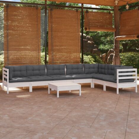 Salon de jardin 8 pcs Ensemble Table et Chaise de Jardin - avec coussins Blanc Bois de pin solide BV167432 - BonneVie (1/5)
