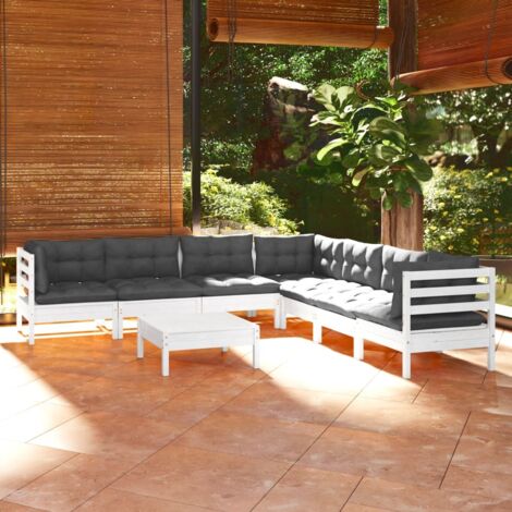 Salon de jardin 8 pcs Ensemble Table et Chaise de Jardin - avec coussins Blanc Bois de pin solide BV776281 - BonneVie (1/5)