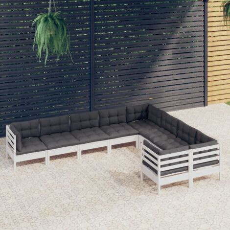 Salon de jardin 9 pcs Ensemble Table et Chaise de Jardin - avec coussins Blanc Bois de pin BV543546 - BonneVie (1/5)