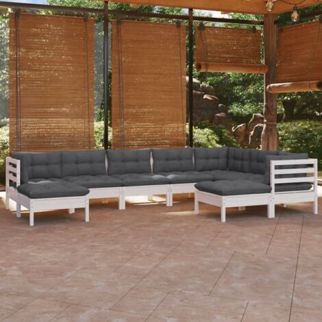 Salon de jardin 9 pcs Ensemble Table et Chaise de Jardin - avec coussins Blanc Bois de pin solide BV235034 - BonneVie (1/5)