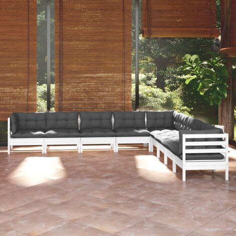 Salon de jardin 9 pcs Ensemble Table et Chaise de Jardin - avec coussins Blanc Bois de pin solide BV510202 - BonneVie (1/5)