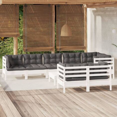 Salon de jardin 9 pcs Ensemble Table et Chaise de Jardin - avec coussins Blanc Bois de pin massif BV257064 - BonneVie (1/5)
