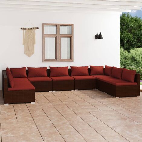 Salon de jardin 9 pcs Ensemble Table et Chaise de Jardin - avec coussins Résine tressée Marron BV788821 - BonneVie (1/5)