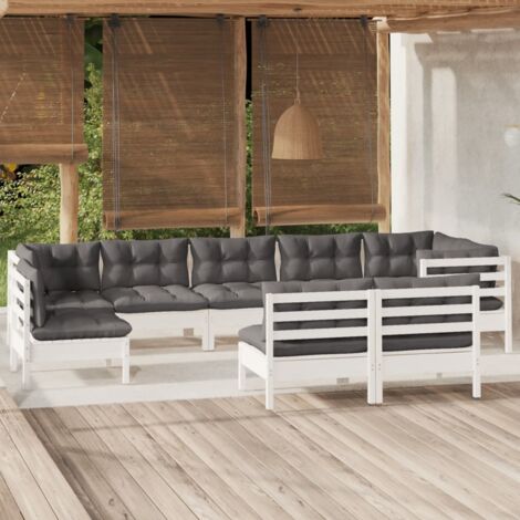Salon de jardin 9 pcs Ensemble Table et Chaise de Jardin - avec coussins Blanc Bois de pin massif BV790394 - BonneVie (1/5)