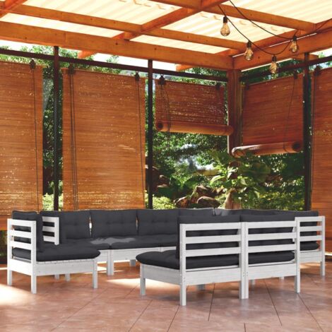 Salon de jardin 9 pcs Ensemble Table et Chaise de Jardin - avec coussins Blanc Bois de pin solide BV236674 - BonneVie (1/5)