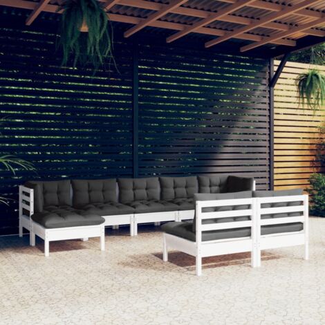 Salon de jardin 9 pcs Ensemble Table et Chaise de Jardin - avec coussins Blanc Bois de pin BV958783 - BonneVie (1/5)