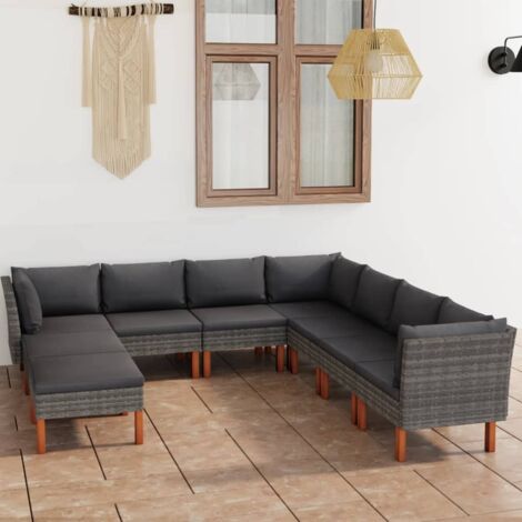 Salon de jardin 9 pcs Ensemble Table et Chaise de Jardin - avec coussins Résine tressée Gris BV828670 - BonneVie (1/5)