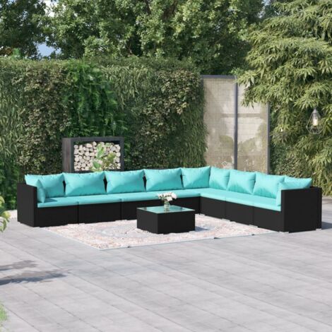 Salon de jardin 9 pcs Ensemble Table et Chaise de Jardin - avec coussins Résine tressée Noir BV409656 - BonneVie (1/5)