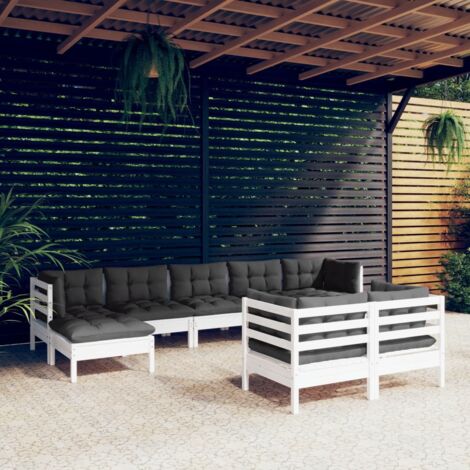 Salon de jardin 9 pcs Ensemble Table et Chaise de Jardin - avec coussins Blanc Bois de pin solide BV398575 - BonneVie (1/5)