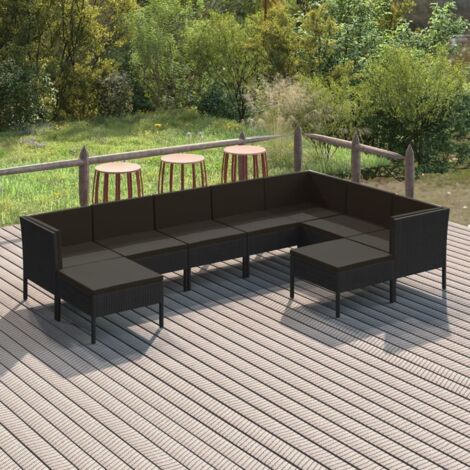 Salon de jardin 9 pcs Ensemble Table et Chaise de Jardin - avec coussins Résine tressée Noir BV439945 - BonneVie (1/5)