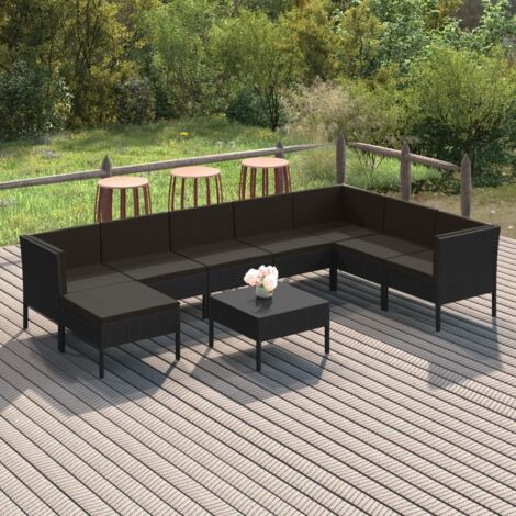 Salon de jardin 9 pcs Ensemble Table et Chaise de Jardin - avec coussins Résine tressée Noir BV155588 - BonneVie (1/5)