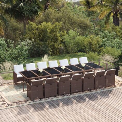 Ensemble Table et Chaise de Jardin 15 pcs - Ensemble à dîner de jardin coussins Résine tressée Marron BV854307 - BonneVie (1/5)