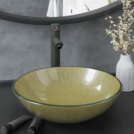 Lavabo à poser Lavabo Vasque salle de bain avec robinet et drain à poussoir Verre trempé 51249 (1/5)
