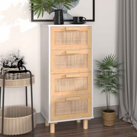 Buffet Meuble de rangement Commode Bahut Blanc 40x30x90 cm Bois de pin massif et rotin naturel 94886 (1/5)