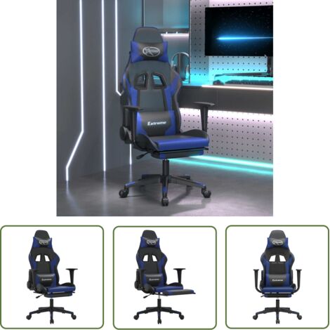 Fauteuil gamer Chaise de bureau - Fauteuil de jeu avec repose-pied Noir et bleu Similicuir BonneVie-87713 (1/5)