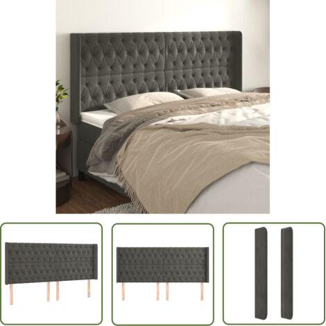 The Living Store Tête de lit avec oreilles Gris foncé 203x16x118/128 cm Velours - Tête De Lit - Literie - Meuble Chambre - Velours - Canapé Lit (1/5)