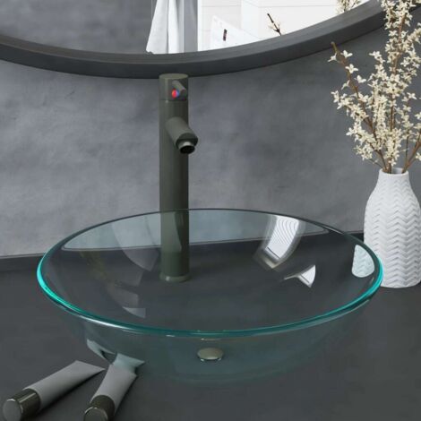 Vasque à poser Lavabo à poser pour salle de bain - avec robinet et drain à poussoir Verre trempé BV850024 - BonneVie (1/5)