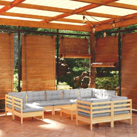 Salon de jardin 10 pcs Meuble de jardin Mobilier de jardin avec coussins gris Bois de pin massif 75306 (1/5)