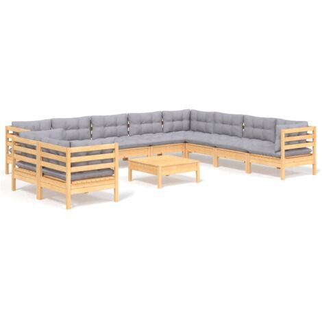 Salon de jardin 11 pcs Contemporain, Ensemble repas de jardin, avec coussins gris Bois de pin solide OIB4623E (1/5)