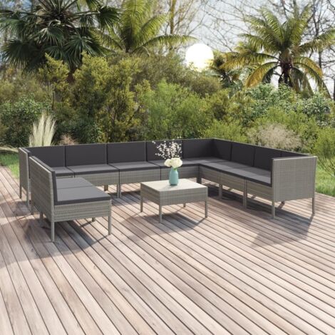 Salon de jardin 11 pcs Ensemble Table et Chaise de Jardin - avec coussins Résine tressée Gris BV489751 - BonneVie (1/5)