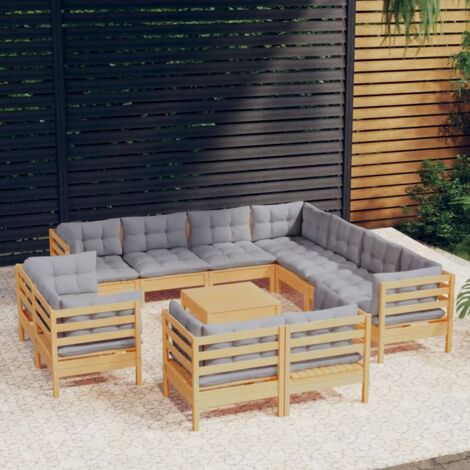 Salon de jardin 12 pcs Ensemble Table et Chaise de Jardin - avec coussins gris Bois de pin solide BV395598 - BonneVie (1/5)