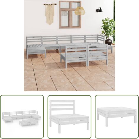 Salon de jardin 9 pcs Contemporain, Ensemble repas de jardin, Blanc Bois de pin massif OIB4202E (1/5)