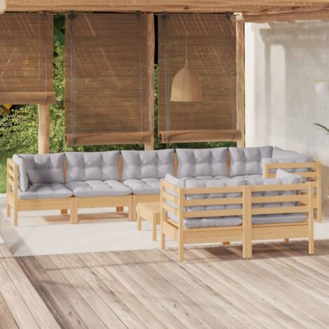 Salon de jardin 9 pcs Meuble de jardin Mobilier de jardin avec coussins gris Bois de pin massif 64779 (1/5)