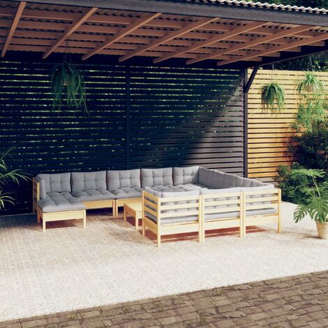 Salon de jardin 12 pcs Ensemble Table et Chaise de Jardin - avec coussins gris Bois de pin BV123225 - BonneVie (1/5)