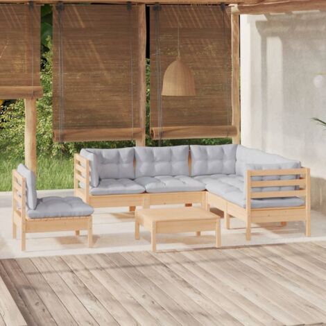Salon de jardin 6 pcs Ensemble Table et Chaise de Jardin - avec coussins gris Bois de pin BV378468 - BonneVie (1/5)