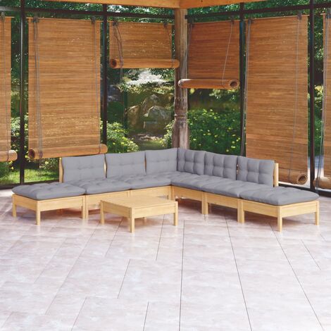 Salon de jardin 8 pcs Ensemble Table et Chaise de Jardin - avec coussins gris Bois de pin BV862208 - BonneVie (1/5)