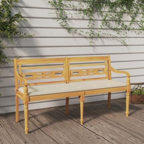 Banc Batavia avec coussin Banc de jardin Banquette crème 150 cm Bois de teck massif 23712 (1/5)