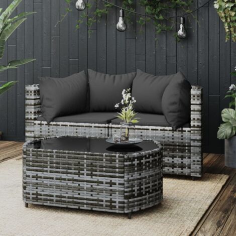 Salon de jardin 3 pcs - Ensemble Table et Chaise de Jardin - avec coussins Gris Résine tressée BV581515 - BonneVie (1/5)