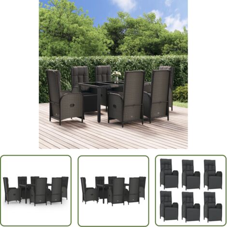 The Living Store Ensemble à manger jardin et coussins 7 pcs Noir et gris Rotin - Ensemble Salon De Jardin - Mobilier De Jardin - Table De Jardin - Chaises De Jardin Inclinables - Set De Jardin (1/5)