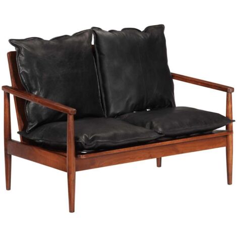 Canapé fixe 2 places Canapé scandinave Sofa noir cuir véritable et bois d'acacia solide 82656 (1/5)