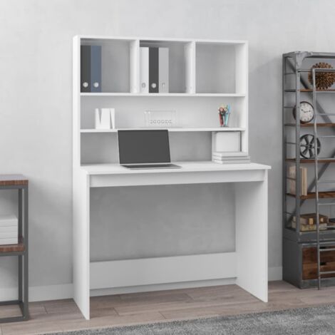 Bonnevie – Bureau droit blanc 102x45x148 cm – Bois d'ingénierie résistant à l'humidité – Étagères intégrées pour rangement optimal