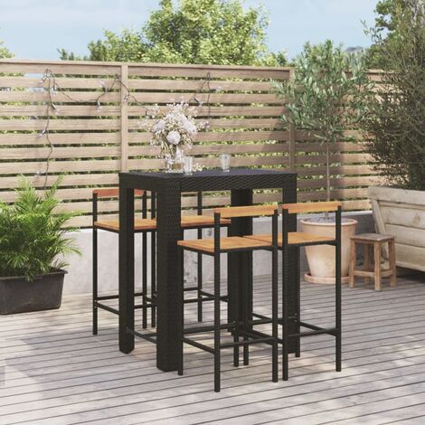 Set 1 Table de bar + 4 chaises de bar/Tabourets,Ensemble de bar jardin noir poly rotin/bois massif acacia -BV23230 (1/5)
